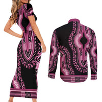 Breast Cancer Awareness Pink Ribbon Couples Matching Short Sleeve Bodycon Dress and Long Sleeve Button Shirt Dashiki Style - Wonder Print Shop