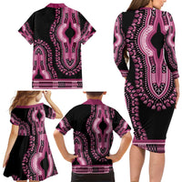 Breast Cancer Awareness Pink Ribbon Family Matching Long Sleeve Bodycon Dress and Hawaiian Shirt Dashiki Style - Wonder Print Shop