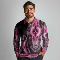 Breast Cancer Awareness Pink Ribbon Long Sleeve Polo Shirt Dashiki Style - Wonder Print Shop