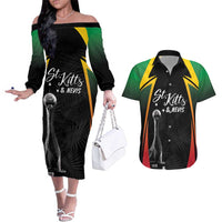 St Kitts Nevis Cricket Custom Couples Matching Off The Shoulder Long Sleeve Dress and Hawaiian Shirt Go Patriots Go Champions - Wonder Print Shop