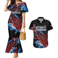 Antigua and Barbuda Cricket Custom Couples Matching Mermaid Dress and Hawaiian Shirt Falcons Wings - Take Off - Wonder Print Shop