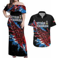 Antigua and Barbuda Cricket Custom Couples Matching Off Shoulder Maxi Dress and Hawaiian Shirt Falcons Wings - Take Off - Wonder Print Shop