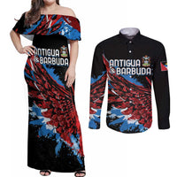 Antigua and Barbuda Cricket Custom Couples Matching Off Shoulder Maxi Dress and Long Sleeve Button Shirt Falcons Wings - Take Off - Wonder Print Shop