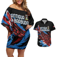 Antigua and Barbuda Cricket Custom Couples Matching Off Shoulder Short Dress and Hawaiian Shirt Falcons Wings - Take Off - Wonder Print Shop