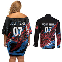 Antigua and Barbuda Cricket Custom Couples Matching Off Shoulder Short Dress and Long Sleeve Button Shirt Falcons Wings - Take Off - Wonder Print Shop