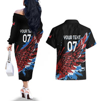 Antigua and Barbuda Cricket Custom Couples Matching Off The Shoulder Long Sleeve Dress and Hawaiian Shirt Falcons Wings - Take Off - Wonder Print Shop