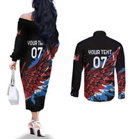 Antigua and Barbuda Cricket Custom Couples Matching Off The Shoulder Long Sleeve Dress and Long Sleeve Button Shirt Falcons Wings - Take Off - Wonder Print Shop