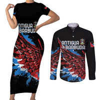 Antigua and Barbuda Cricket Custom Couples Matching Short Sleeve Bodycon Dress and Long Sleeve Button Shirt Falcons Wings - Take Off - Wonder Print Shop