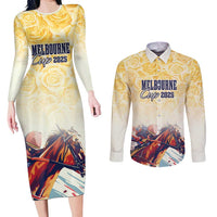 Melbourne Horse Racing Couples Matching Long Sleeve Bodycon Dress and Long Sleeve Button Shirt Yellow Rose Champion - Wonder Print Shop
