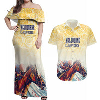 Melbourne Horse Racing Couples Matching Off Shoulder Maxi Dress and Hawaiian Shirt Yellow Rose Champion - Wonder Print Shop