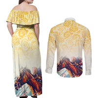 Melbourne Horse Racing Couples Matching Off Shoulder Maxi Dress and Long Sleeve Button Shirt Yellow Rose Champion - Wonder Print Shop