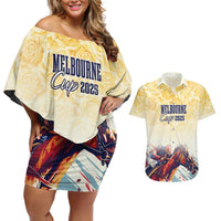 Melbourne Horse Racing Couples Matching Off Shoulder Short Dress and Hawaiian Shirt Yellow Rose Champion - Wonder Print Shop
