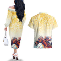 Melbourne Horse Racing Couples Matching Off The Shoulder Long Sleeve Dress and Hawaiian Shirt Yellow Rose Champion - Wonder Print Shop