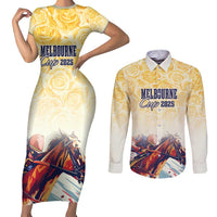 Melbourne Horse Racing Couples Matching Short Sleeve Bodycon Dress and Long Sleeve Button Shirt Yellow Rose Champion - Wonder Print Shop