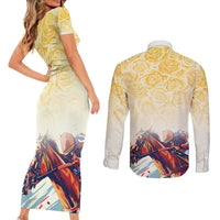 Melbourne Horse Racing Couples Matching Short Sleeve Bodycon Dress and Long Sleeve Button Shirt Yellow Rose Champion - Wonder Print Shop
