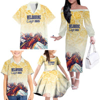 Melbourne Horse Racing Family Matching Off The Shoulder Long Sleeve Dress and Hawaiian Shirt Yellow Rose Champion - Wonder Print Shop