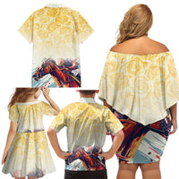 Melbourne Horse Racing Family Matching Off Shoulder Short Dress and Hawaiian Shirt Yellow Rose Champion - Wonder Print Shop