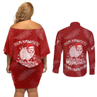 New Zealand Christmas Couples Matching Off Shoulder Short Dress and Long Sleeve Button Shirts Silver Fern Mix Kiwi Bird Ver01 LT7 - Wonder Print Shop