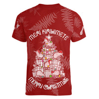 New Zealand Christmas Women V Neck T Shirt Silver Fern Mix Kiwi Bird Ver02 - Wonder Print Shop