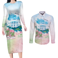 Chucks N Pearls 2024 Couples Matching Long Sleeve Bodycon Dress and Long Sleeve Button Shirt Pink Green Rocking The World LT7 - Wonder Print Shop