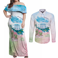 Chucks N Pearls 2024 Couples Matching Off Shoulder Maxi Dress and Long Sleeve Button Shirt Pink Green Rocking The World LT7 - Wonder Print Shop