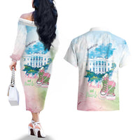 Chucks N Pearls 2024 Couples Matching Off The Shoulder Long Sleeve Dress and Hawaiian Shirt Pink Green Rocking The World LT7 - Wonder Print Shop