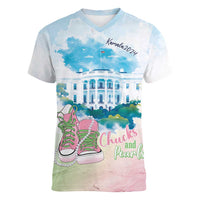 Chucks N Pearls 2024 Women V-Neck T-Shirt Pink Green Rocking The World - Wonder Print Shop