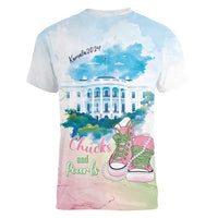 Chucks N Pearls 2024 Women V-Neck T-Shirt Pink Green Rocking The World - Wonder Print Shop