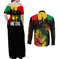 Jamaica Reggae Couples Matching Off Shoulder Maxi Dress and Long Sleeve Button Shirts Legend Bob Sketch Style One Love LT7 - Wonder Print Shop