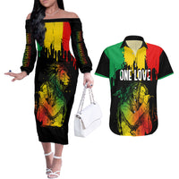 Jamaica Reggae Couples Matching Off The Shoulder Long Sleeve Dress and Hawaiian Shirt Legend Bob Sketch Style One Love LT7 - Wonder Print Shop