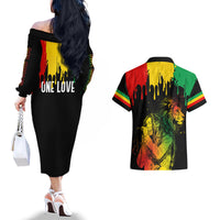 Jamaica Reggae Couples Matching Off The Shoulder Long Sleeve Dress and Hawaiian Shirt Legend Bob Sketch Style One Love LT7 - Wonder Print Shop