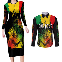 Jamaica Reggae Couples Matching Long Sleeve Bodycon Dress and Long Sleeve Button Shirts Legend Bob Sketch Style One Love LT7