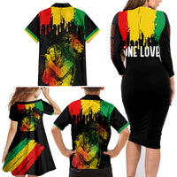 Jamaica Reggae Family Matching Long Sleeve Bodycon Dress and Hawaiian Shirt Legend Bob Sketch Style One Love LT7 - Wonder Print Shop