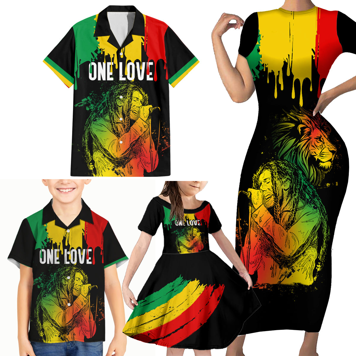 jamaica-reggae-family-matching-short-sleeve-bodycon-dress-and-hawaiian-shirt-bob-marley-sketch-style-one-love