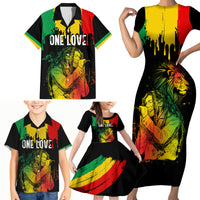 Jamaica Reggae Family Matching Short Sleeve Bodycon Dress and Hawaiian Shirt Legend Bob Sketch Style One Love - Wonder Print Shop