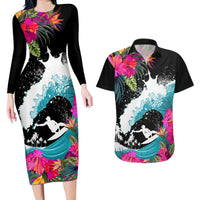 Hawaii Surfing Couples Matching Long Sleeve Bodycon Dress and Hawaiian Shirt Triple Crown Rides The Waves LT7 - Wonder Print Shop