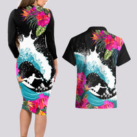 Hawaii Surfing Couples Matching Long Sleeve Bodycon Dress and Hawaiian Shirt Triple Crown Rides The Waves LT7 - Wonder Print Shop