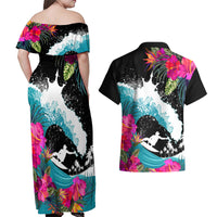 Hawaii Surfing Couples Matching Off Shoulder Maxi Dress and Hawaiian Shirt Triple Crown Rides The Waves LT7 - Wonder Print Shop