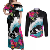 Hawaii Surfing Couples Matching Off Shoulder Maxi Dress and Long Sleeve Button Shirts Triple Crown Rides The Waves LT7 - Wonder Print Shop