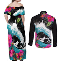 Hawaii Surfing Couples Matching Off Shoulder Maxi Dress and Long Sleeve Button Shirts Triple Crown Rides The Waves LT7 - Wonder Print Shop