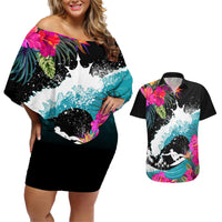 Hawaii Surfing Couples Matching Off Shoulder Short Dress and Hawaiian Shirt Triple Crown Rides The Waves LT7 - Wonder Print Shop
