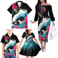 Hawaii Surfing Family Matching Off Shoulder Long Sleeve Dress and Hawaiian Shirt Triple Crown Rides The Waves - Wonder Print Shop