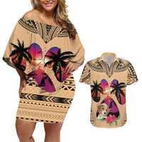 Personalised Polynesian Couples Matching Off Shoulder Short Dress and Hawaiian Shirt Dog Lover With Beagle - Sunset At The Beach LT7 - Wonder Print Shop