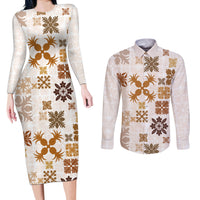 Vintage Hawaii Couples Matching Long Sleeve Bodycon Dress and Long Sleeve Button Shirts Hawaiian Quilt Kapa Mismatch Beige LT7 - Wonder Print Shop
