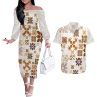 Vintage Hawaii Couples Matching Off The Shoulder Long Sleeve Dress and Hawaiian Shirt Hawaiian Quilt Kapa Mismatch Beige LT7 - Wonder Print Shop