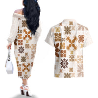 Vintage Hawaii Couples Matching Off The Shoulder Long Sleeve Dress and Hawaiian Shirt Hawaiian Quilt Kapa Mismatch Beige LT7 - Wonder Print Shop