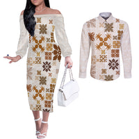 vintage-hawaii-couples-matching-off-the-shoulder-long-sleeve-dress-and-long-sleeve-button-shirts-hawaiian-quilt-kapa-mismatch-beige