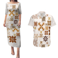 Vintage Hawaii Couples Matching Puletasi Dress and Hawaiian Shirt Hawaiian Quilt Kapa Mismatch Beige LT7 - Wonder Print Shop