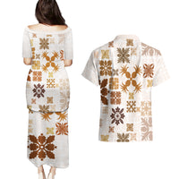 Vintage Hawaii Couples Matching Puletasi Dress and Hawaiian Shirt Hawaiian Quilt Kapa Mismatch Beige LT7 - Wonder Print Shop