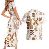 Vintage Hawaii Couples Matching Short Sleeve Bodycon Dress and Hawaiian Shirt Hawaiian Quilt Kapa Mismatch Beige LT7 - Wonder Print Shop